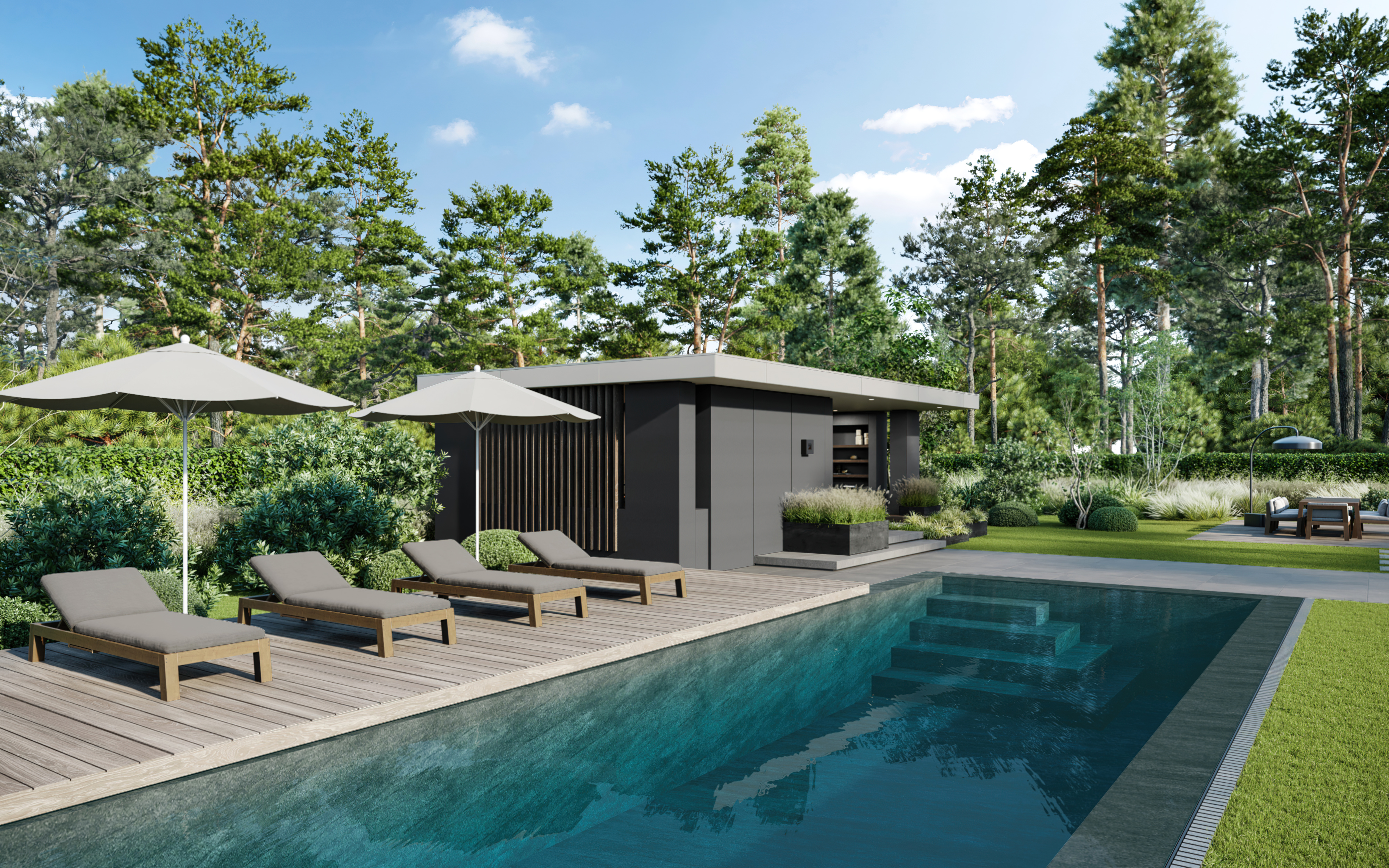 Buitenverblijf Bronkhorst Piet Boon poolhouse met zwembad en vlonder en daybeds