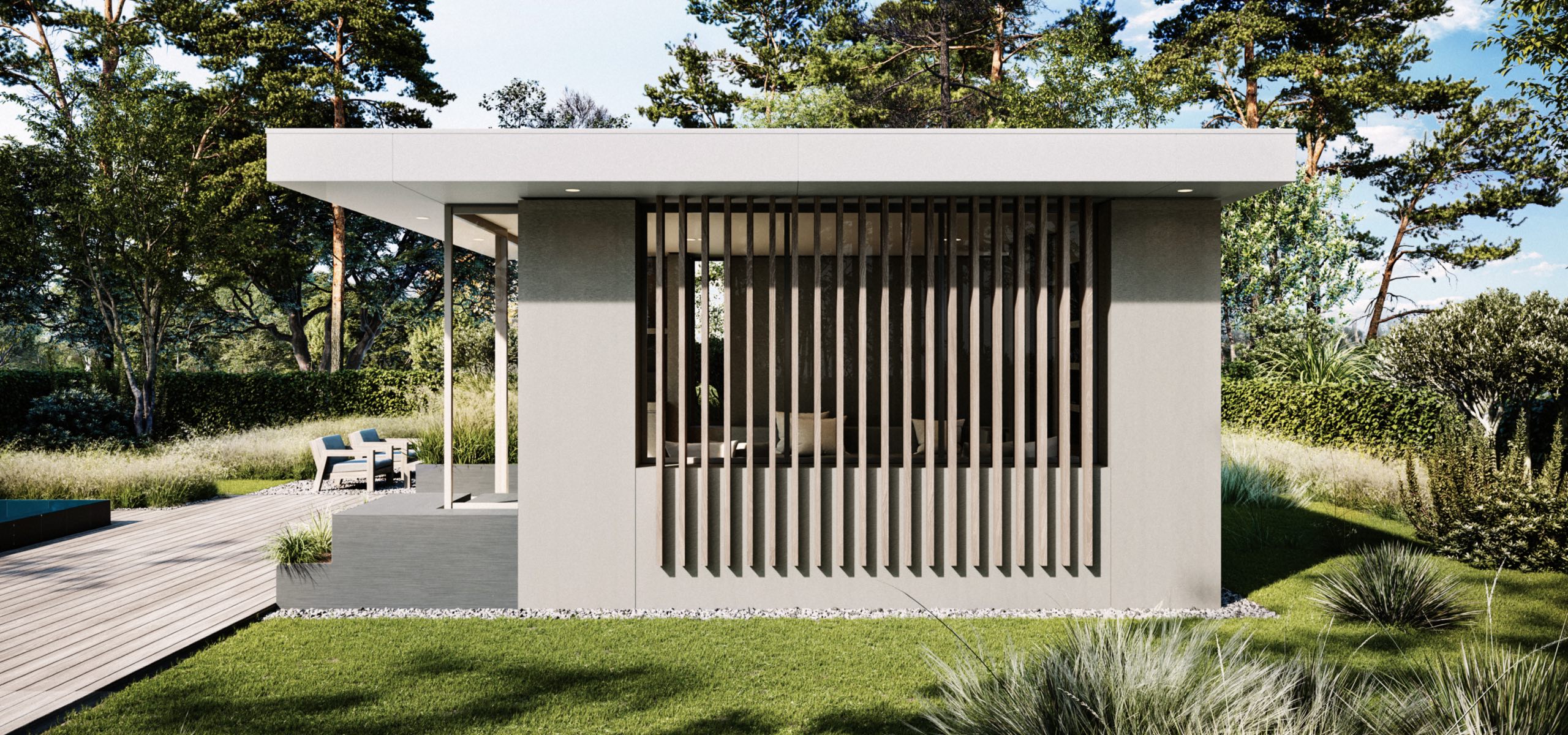 Piet Boon design tuinkamer met houten lamellen en een moderne tuinkamer