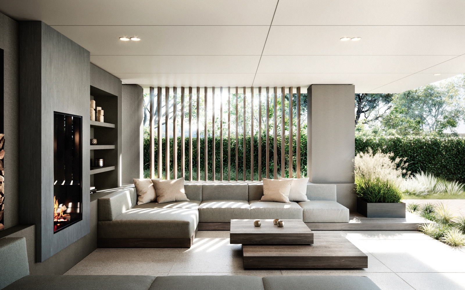 Piet Boon Bronkhorst buitenverblijf met lounge en haard in moderne stijl