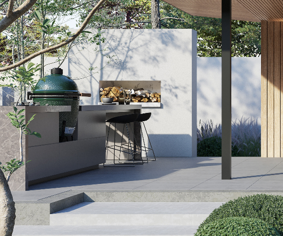 Buitenkeuken bij overkapping van hout op maat met green egg
