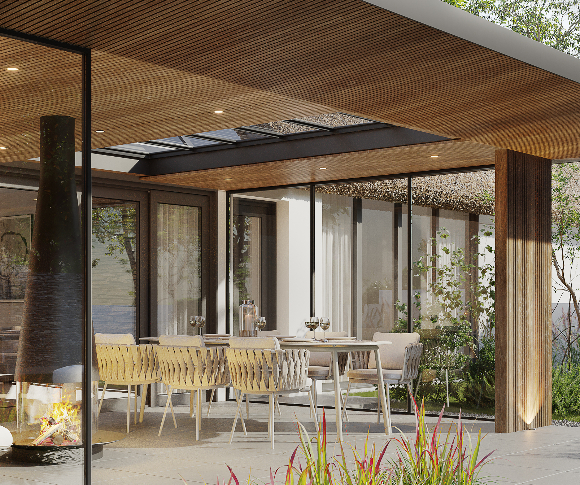 Overkapping veranda met lichtstraat in het dak van glas