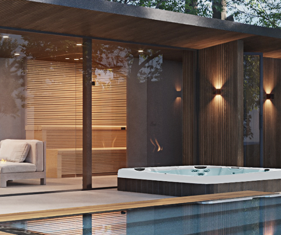 Wellness in tuin in houten overkapping met spa sauna en zwembad en grote glaswanden