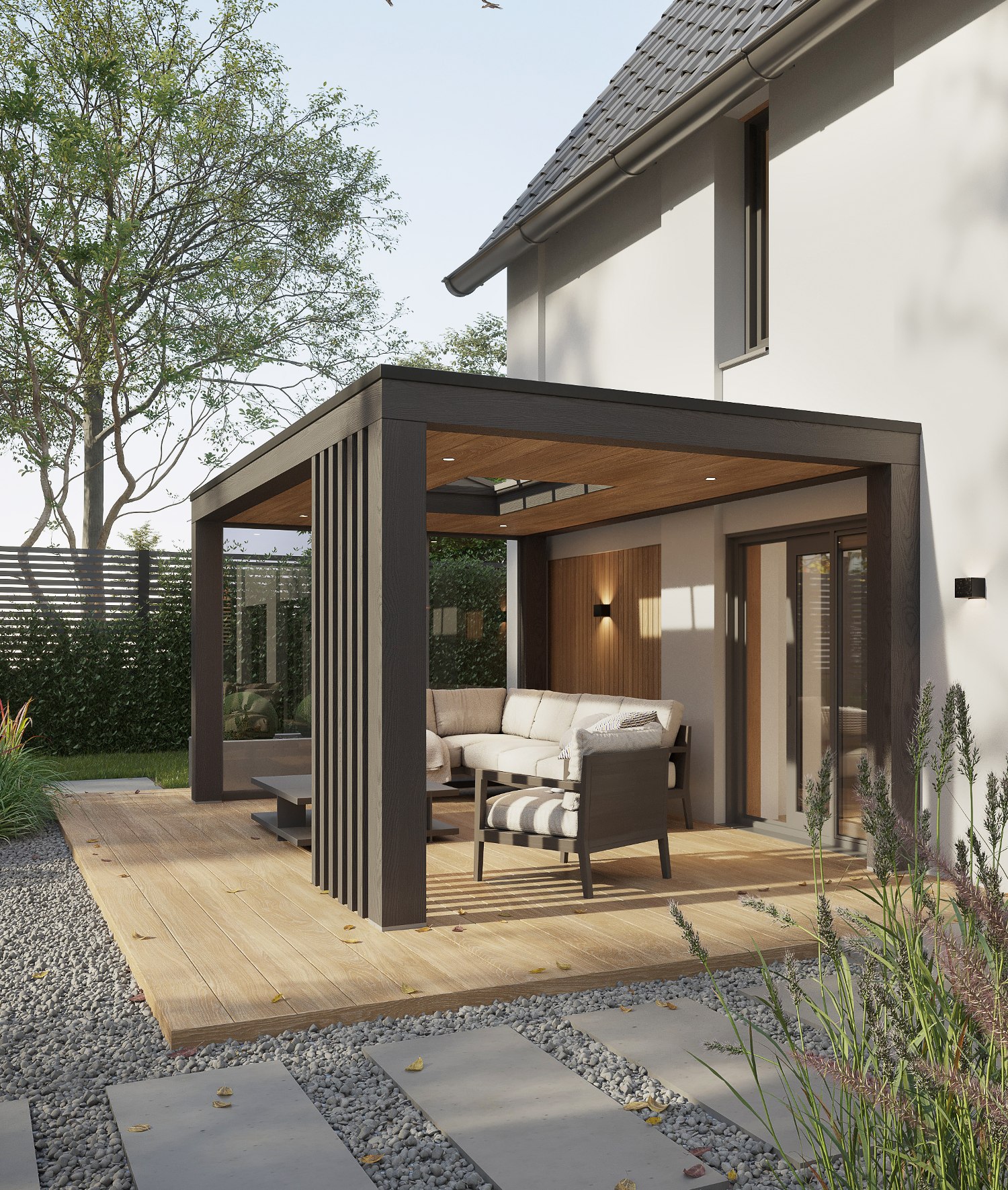 Veranda met glas raam in plafond en glazen wanden