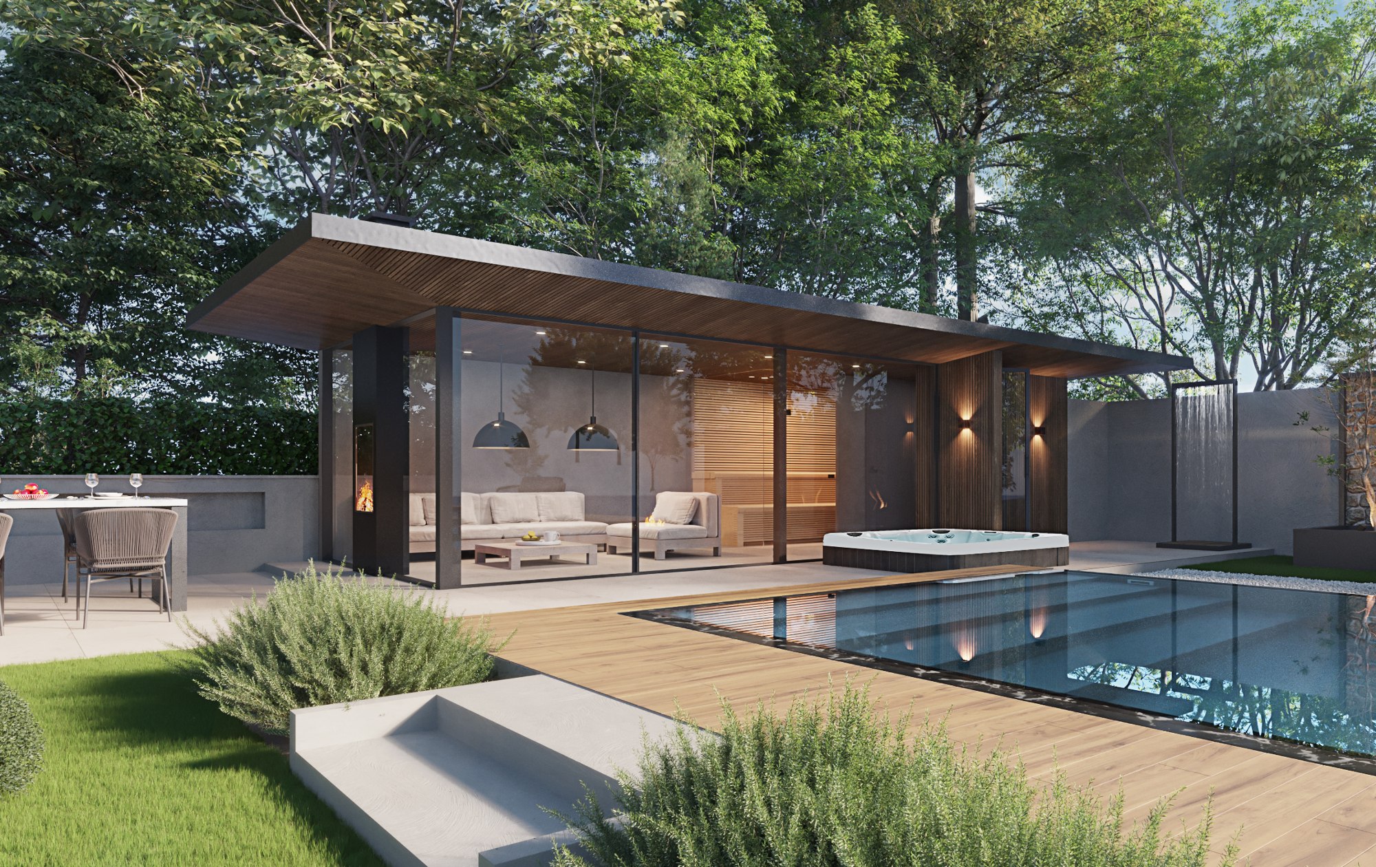 Luxe tuinkamer van hout met zwembad en vlonder en een sauna