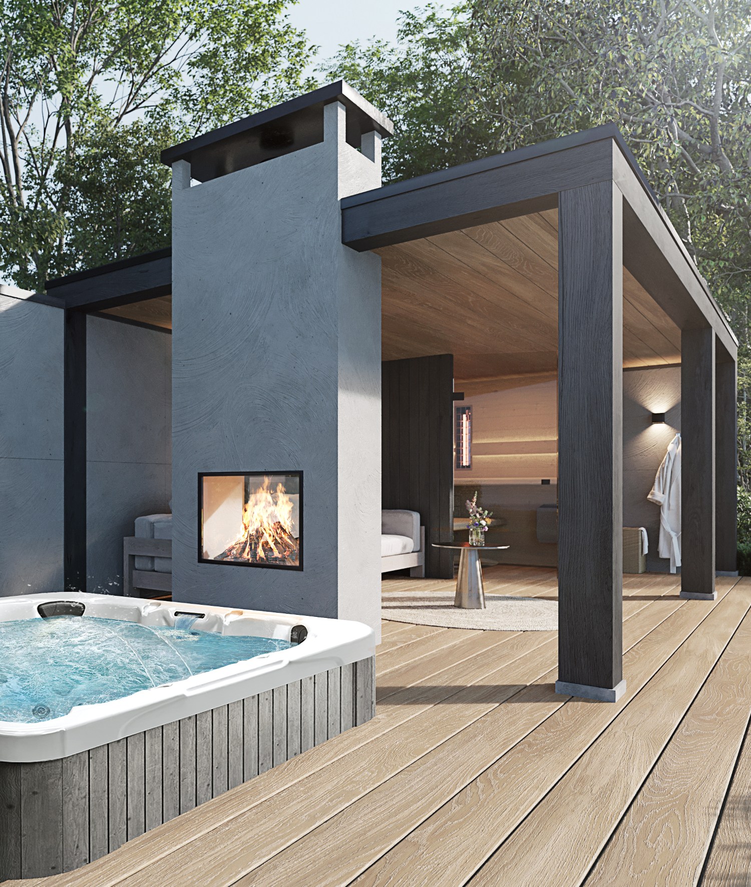 Luxe tuinkamer zwart hout met een doorkijkhaard en een spa en sauna met houten vlonder