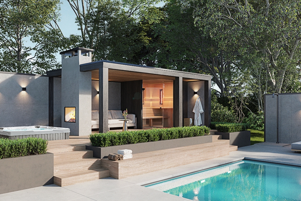 Luxe tuinkamer van hout met een haard, sauna, zwembad en spa in een luxe wellnesstuin
