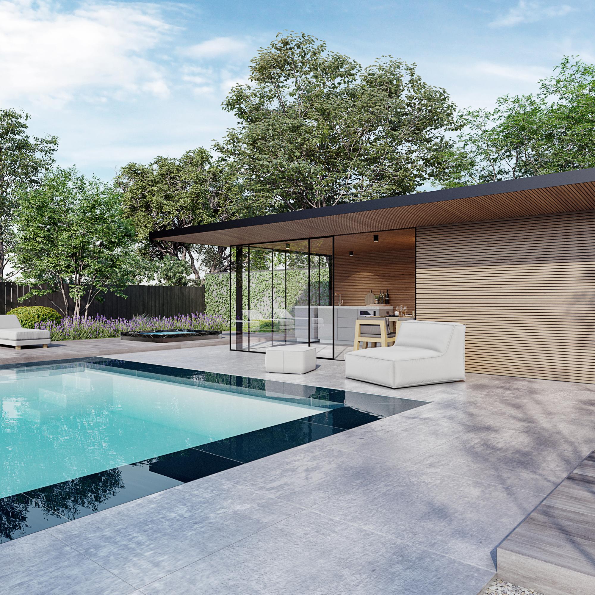 Luxe tuinkamer ontwerp met rhombus hout en een overstek naast een overloopzwembad