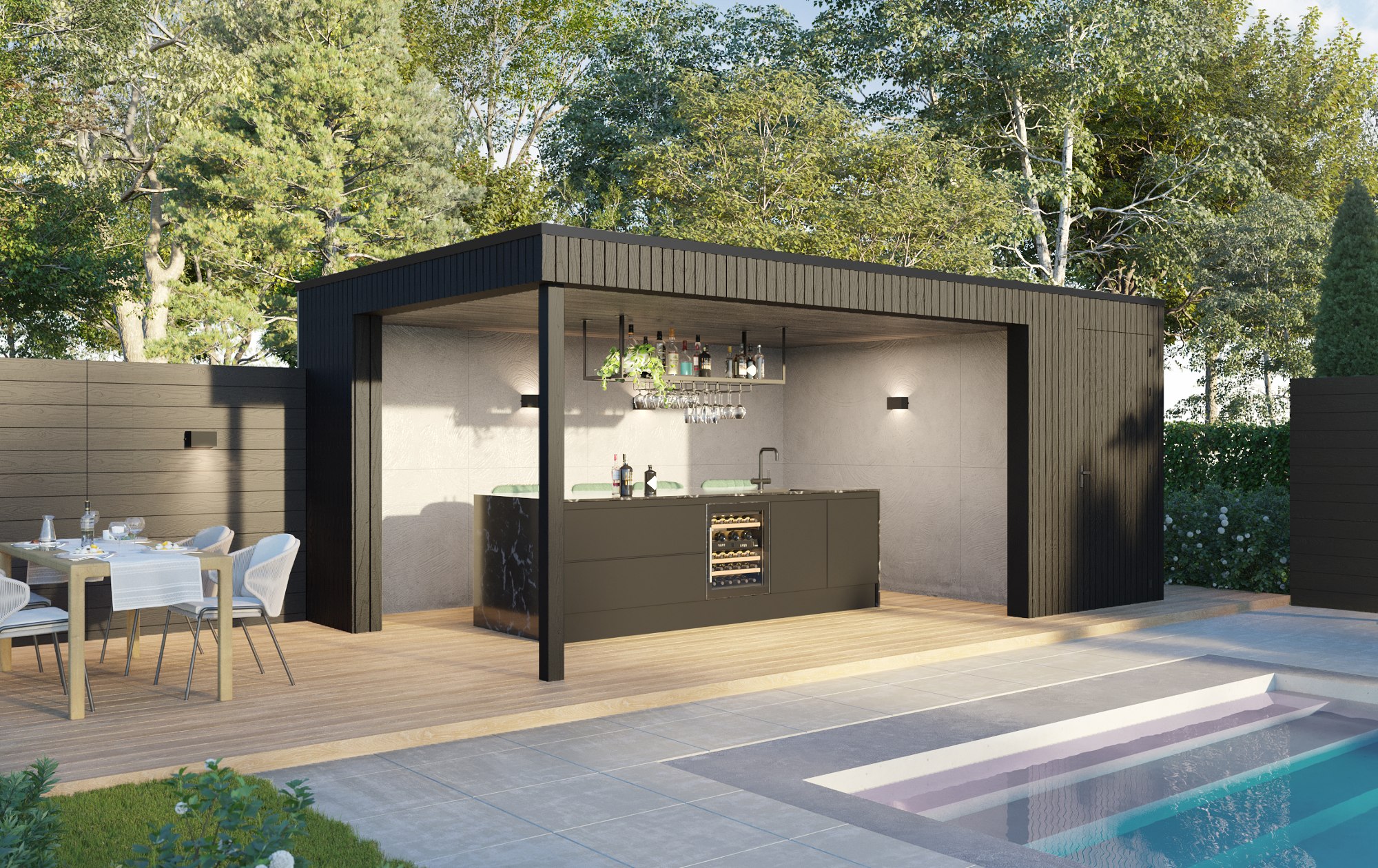 Moderne tuinkamer met zwart rhombus hout profiel op maat en betonplaten aan de wand met een luxe buitenkeuken