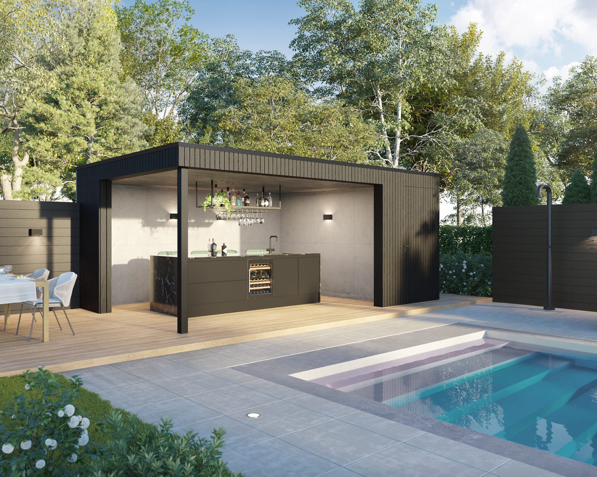 Poolhouse naast zwembad van hout laten bouwen